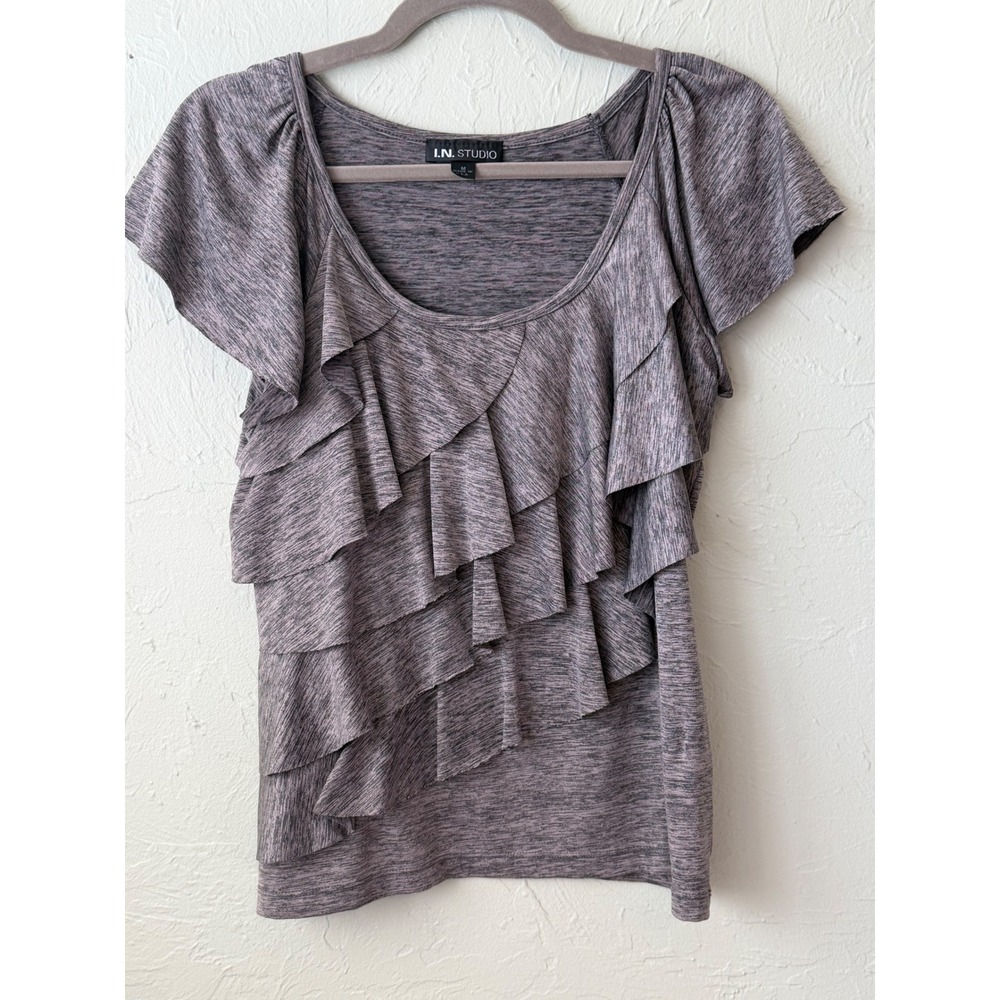 I.N. Studio Womens Grey Space Dye Ruffle Front Flutter Sleeve Knit Top Size M